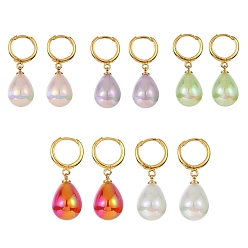 Mixed Color Acrylic Teardrop Dangle Hoop Earrings, Golden Brass Jewelry for Women, Mixed Color, 34.5x12mm