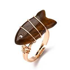 Тигровый глаз Природных тигровый глаз кольца, рыба, с латунной фурнитурой со стразами, золотые, рыбы: 23x12 mm, размер США 7 1/4 (17.5 мм)