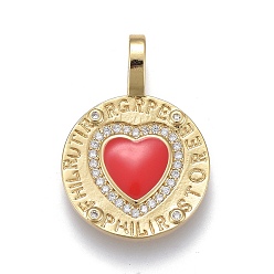 Rot Valentinstag Messing Micro Pave Zirkonia Anhänger, mit Emaille, langlebig überzogen, golden, flach rund mit Herz, rot, 28x19x4 mm, Bohrung: 4x6.5 mm