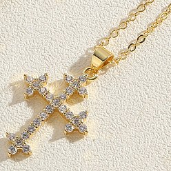 Прозрачный Ожерелье с подвеской из латуни и кубического циркона из настоящего золота для женщин, крестик, прозрачные, 14 дюйм (17.72 см)