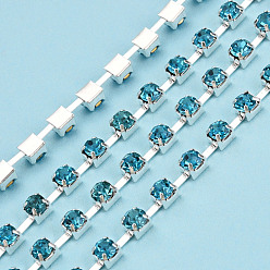 Aquamarine Silver Plated Brass Rhinestone Strass Chains, Rhinestone Cup Chains, Soldered, with Spool, Aquamarine, 3mm, about 32.81 Feet(10m)/Roll