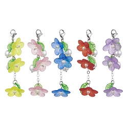 Mixed Color Transparent Acrylic Flower Pendant Decorations, with Glass Peark Beads and 304 Stainless Steel Lobster Claw Clasps, Mixed Color, 72mm