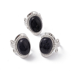 Blue Goldstone Synthetic Blue Goldstone Oval Adjustable Ring, Platinum Brass Wide Ring for Women, Cadmium Free & Nickel Free & Lead Free, US Size 7 3/4(17.9mm)
