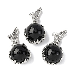 Обсидиан Натуральные обсидиановые круглые подвески, латунный ангел бабочка обернутый шарик драгоценные камни подвески, платина, стойки покрытие, 30.5x16.5x14 мм, отверстие : 5.5x2.5 мм