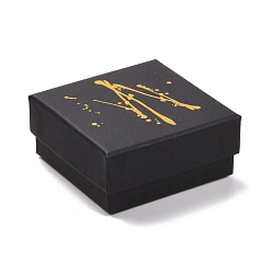Black Hot Stamping Cardboard Jewelry Packaging Boxes, with Sponge Inside, for Rings, Small Watches, Necklaces, Earrings, Bracelet, Square, Black, 7.5x7.5x3.5cm