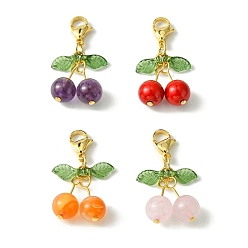 Mixed Stone Cherry Natural Gemstone Pendant Decorations, with 304 Stainless Steel Lobster Claw Clasps, 33mm, 4pcs/set
