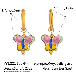 Pink 304 Серьги-кольца в форме бабочки из нержавеющей стали и фарфора, реальный 18 k позолоченный, розовые, 36.1x17 мм