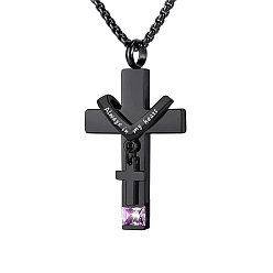 Orchid 304 Stainless Steel Religion Cross Pendant Memorial Urn Ash Necklaces, October Birthstone Necklace, Cable Chain Necklace, Orchid, Pendant: 35x22mm