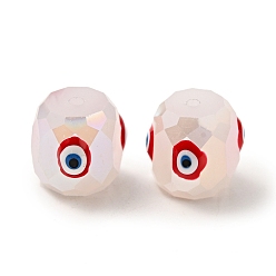 Red Opaque Glass Beads, with Enamel, Faceted, Drum with Evil Eye Pattern, Red, 10.5x10.5mm, Hole: 1.6mm