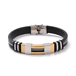 Golden & Stainless Steel Color Men's Silicone Cord Bracelet, Titanium Steel Curved Tube Beads Friendship Bracelet, Black, Golden & Stainless Steel Color, 8-7/8 inch(22.5cm)
