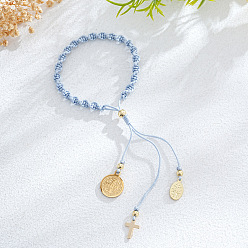 Светло-Голубой Пасхальные браслеты ручной работы из нержавеющей стали с подвесками, Браслеты из плетеного волоконного шнура для женщин, крест, Дева Мария и монета, Небесно-голубой, 304 дюйм (11.02 см)