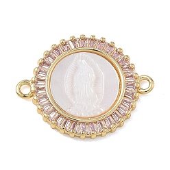 Pink Натуральная раковина, резная, религиозная, девственная, соединительная подвеска, звенья из латуни с инкрустацией кубическим цирконием, реальный 18 k позолоченный, стойки покрытие, долговечный, без кадмия и без свинца, розовые, 18.5x23.5x3.5 мм, отверстие : 1.6 мм