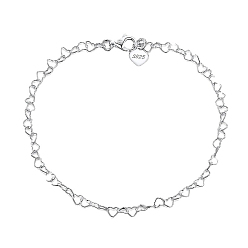 Real Platinum Plated Rhodium Plated 925 Sterling Silver Heart Link Chain Anklets Jewelry for Women, with 925 Stamp, Real Platinum Plated, 9-7/8 inch(25cm)