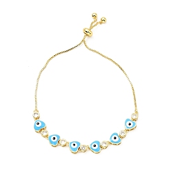 Deep Sky Blue Clear Cubic Zirconia & Enamel Heart with Evil Eye Links Slider Bracelet, Gold Plated Brass Jewelry for Women, Lead Free & Cadmium Free, Deep Sky Blue, 10-3/8 inch(26.4cm)