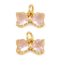 Pink Латунь стекло кулоны, очарование бантом, гальваническое покрытие для стеллажей, долговечное гальваническое покрытие, без свинца и без кадмия, золотые, граненые, розовые, 7x12x4 мм, отверстие : 3 мм
