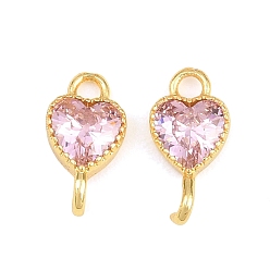 Pink Латунные подвески-кольца в форме сердца, инкрустированные кубическим цирконием, гальваническое покрытие для стеллажей, долговечное гальваническое покрытие, без свинца и без кадмия, золотые, розовые, 11x6x3 мм, отверстие : 1.6 мм