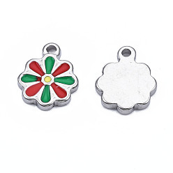 Красный 304 прелести нержавеющей стали, с эмалью, цветок, цвет нержавеющей стали, красные, 12.5x10x2 мм, отверстие : 1.5 мм