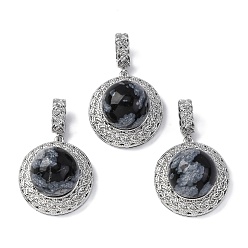 Снежный Обсидиан Естественно снежинка обсидиана подвески, плоские круглые подвески из латуни с платиновым покрытием, стойки покрытие, долговечный, 35.5x22.5x15.5~16 мм, отверстие : 8x4 мм