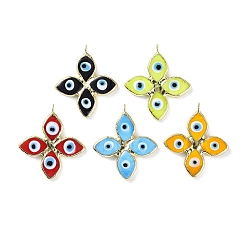 Mixed Color Handmade Lampwork Big Pendants, with Eco-friendly Ligh Gold Brass Findings, Long-Lasting Plated, Cadmium Free & Lead Free, 4-Petal Flower with Evil Eye Charm, Mixed Color, 53x46x4mm, Hole: 4.5mm