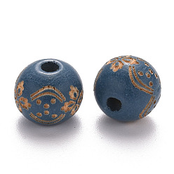 Steel Blue Painted Natural Wood Beads, Laser Engraved Pattern, Round with Flower Pattern, Steel Blue, 10x9mm, Hole: 3mm