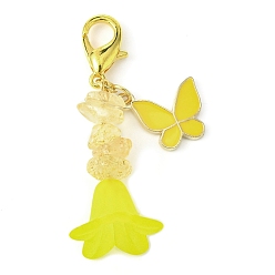 Yellow Green Alloy Enamel Butterfly & Acrylic Flower Pendant Decoration, Natural Citrine Chips and Lobster Claw Clasps Charm, Yellow Green, 52~53mm