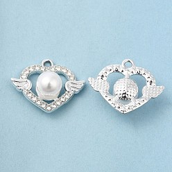 Platinum UV Plating Alloy Rhinestone Pendants, with ABS Plastic Imitation Pearl, Cadmium Free & Lead Free, Heart with Wing Charms, Platinum, 18.5x23.5x8.5mm, Hole: 2mm