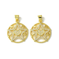Плоский Круглый Подвески из настоящей 18k-позолоченной латуни с микро-паве ко Дню матери, прозрачные подвески с кубическим цирконием, без кадмия, без никеля и без свинца, слово мама, плоско-круглые, 23x20x2.5 мм, отверстие : 5x3.5 мм