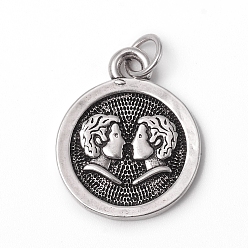 Gemini Brass Pendants, with Jump Rings, Long-Lasting Plated, Flat Round with 12 Constellation/Zodiac Sign, Antique Silver, Gemini, 18.5x15x2mm, Jump Ring: 5x0.7mm, Inner Diameter: 3.6mm