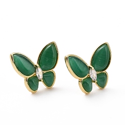 Sea Green Cat Eye Butterfly Stud Earrings with Clear Cubic Zirconia, Real 18K Gold Plated Brass Jewelry for Women, Cadmium Free & Lead Free, Sea Green, 15x17.5mm, Pin: 0.7mm