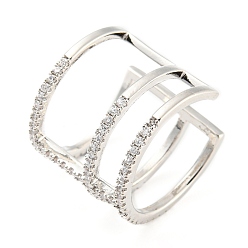 Platinum Brass Triple Lines Open Cuff Ring with Cubic Zirconia, Lead Free & Cadmium Free, Platinum, Inner Diameter: 16.2~16.4mm