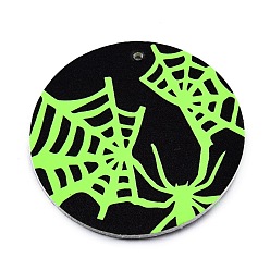Spider Halloween Theme Imitation Leather Pendants, Flat Round, Lime, Spider Web Pattern, 45x2mm, Hole: 1.6mm