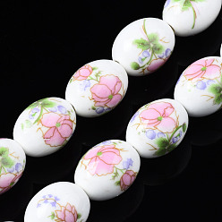 Pink Handmade Porcelain Ceramic Beads Strands, Flower Printed, Oval, Pink, 17x13mm, Hole: 2.5mm, about 18pcs/strand, 12 inches(30.5cm)