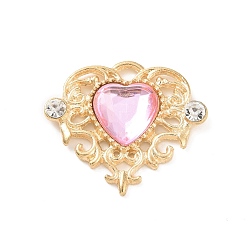 Pink Acrylic Pendants, with Golden Tone Alloy Rhinestone Finding, Heart Charm, Pink, 21.5x25x5mm, Hole: 2x2.5mm