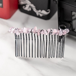 Rose Quartz Natural Rose Quartz Chip Hair Combs for Women, Metal Bridal Crown Hair Accessories, 40x80x10mm