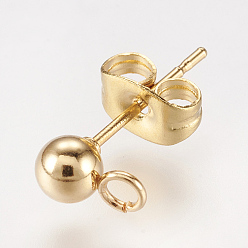 Real 24K Gold Plated 304 Stainless Steel Stud Earring Findings, with Loop and Ear Nut/Earring Backs, Real 24K Gold Plated, 15x7mm, Hole: 1.7mm, Ball: 4mm, Pin: 0.8mm