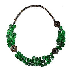 Green Dyed Natural Coconut Donut & Flat Round Beaded Bib Necklaces, Bohemian Jewelry for Women, Green, 37.80 inch(96cm)