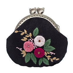 Platinum DIY Flower Pattern Kiss Lock Coin Purse Embroidery Kit, including Embroidery Needles & Thread, Cotton Fabric, Metal Purse Frame Handles, Plastic Embroidery Hoop, Platinum, 110x125mm