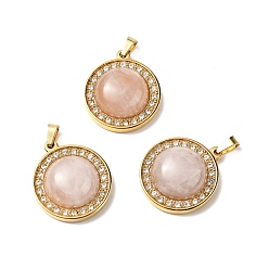 Rose Quartz Natural Rose Quartz Pendants, with Golden Tone 304 Stainless Steel and Crystal Rhinestone Findings, Half Round Charm, 24.5x21x8mm, Hole: 3.5x6mm