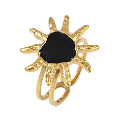 Черный Сердце солнце 304 эмалированные перстни из нержавеющей стали для женщин, ионное покрытие (ip), реальный 18 k позолоченный, чёрные, сердце солнце: 19.5x19мм, размер США 6 (16.5 мм)