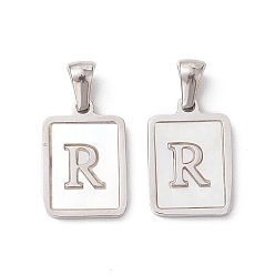 Letter R 304 Stainless Steel Pave Shell Pendants, Rectangle Charm, Stainless Steel Color, Letter R, 17.5x12x1.5mm, Hole: 3x5mm