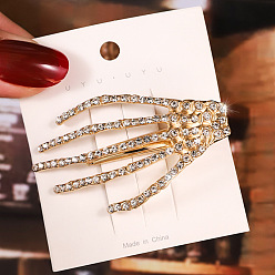 Crystal Gothic Halloween Alloy Rhinestone Skeleton Hand Alligator Hair Clips, Hair Accessories for Women, with Iron Findings, Crystal, 64x38x17mm