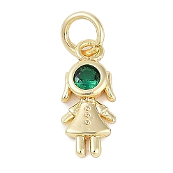 Зеленый Подвеска из латуни с микропаве из кубического циркония, без свинца и без кадмия, долговечный, реальный 18 k позолоченный, шармы в форме человека , с целью перехода в кольце, зелёные, 13x6x2.5 мм