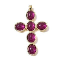 Фиолетовый Подвески из латуни и стекла, крестик, реальный 18 k позолоченный, фиолетовые, 45x29.5x5 мм, отверстие : 3.5x3.2 мм