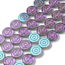 Purple Electroplate Transparent Glass Beads Strands, Full Rainbow Plated, Flat Round with Vortex, Purple, 16x4.8mm, Hole: 1.2mm, about 40pcs/strand, 25.20 inch(64cm)