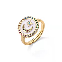 03 Stylish Star and Moon Oil Drop Ring for Women, 18K Gold Plated Copper with Micro Inlaid Zircon Stone