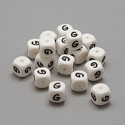 Белый Пищевые экологически чистые силиконовые бусины, горизонтальное отверстие, стиль письма, кубические, letter.g, 12x12x12 мм, отверстие : 2 мм
