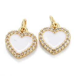 White Brass Micro Pave Clear Cubic Zirconia Pendants, with Enamel, Real 18K Gold Plated, Long-Lasting Plated, Heart, White, 12x11x2mm, Hole: 3.2mm