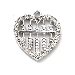 Crystal Alloy Rhinestone Pendants, Platinum Tone Hollow Out Heart Abacus Charms, Crystal, 20x18x2.8mm, Hole: 2mm
