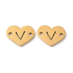 Letter V Ion Plating(IP) 304 Stainless Steel Connector Charms, Heart with Letter, Golden, Letter V, 9x12x1mm, Hole: 1.5mm