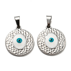 White 304 Stainless Steel Pendants, with Enamel, Flat Round with Evil Eye Charm, Stainless Steel Color, White, 18x16x2.5mm, Hole: 5.5x3.5mm